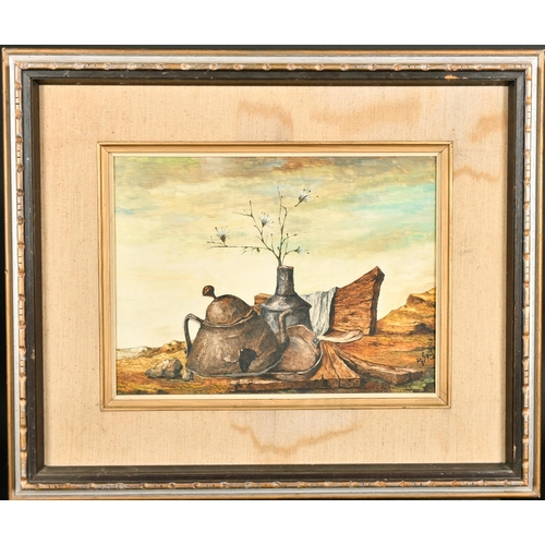 256 - 20th Century Israeli School. A Surreal Still Life in a Landscape, Oil on Canvas, Indistinctly Signed... 