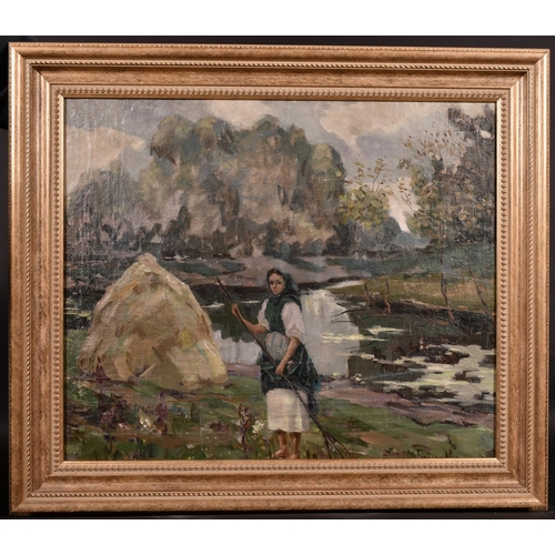 277 - 20th Century Russian School. A Farmgirl in a River Landscape, Oil on Canvas, Signed in Cyrillic, 20”... 