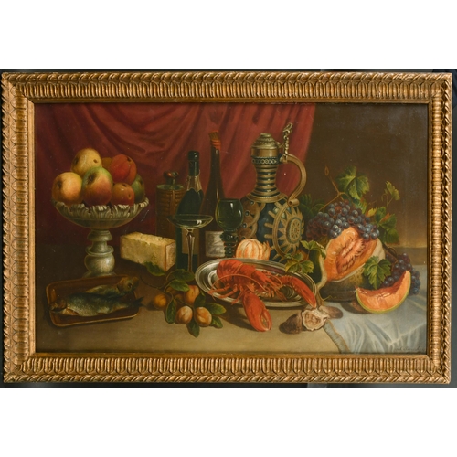 279 - Johann Borovsky (19th-20th Century) Russian. Still Life of Lobster, Fish, Fruit, Cheese, Bottles and... 