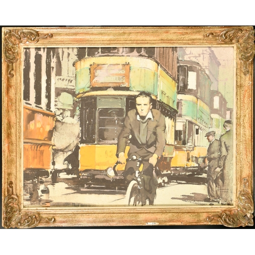 299 - Albert Gordon Thomas (1893-1970) British. A Cyclist with Trams, Gouache, Signed, 19