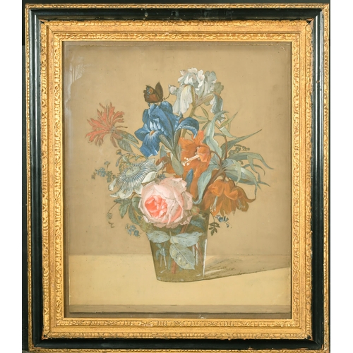 37 - 18th Century German School. A Still Life of Flowers in a Glass Vase, Gouache, In a fine carved giltw... 