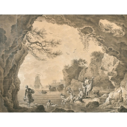 46 - Follower of Joseph Vernet (1714-1789) French. Figures Swimming by a Cavern, Watercolour and wash, 17... 