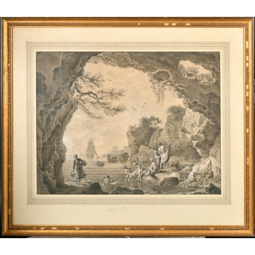 46 - Follower of Joseph Vernet (1714-1789) French. Figures Swimming by a Cavern, Watercolour and wash, 17... 