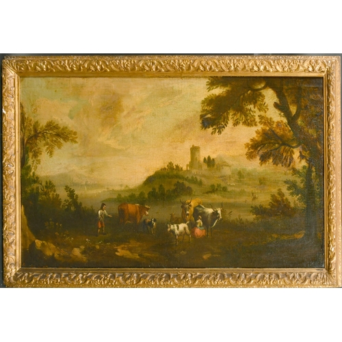 48 - Manner of Willem de Heusch (c.1625-c1692) Dutch. Figures and Cattle in a Classical Landscape, Oil on... 