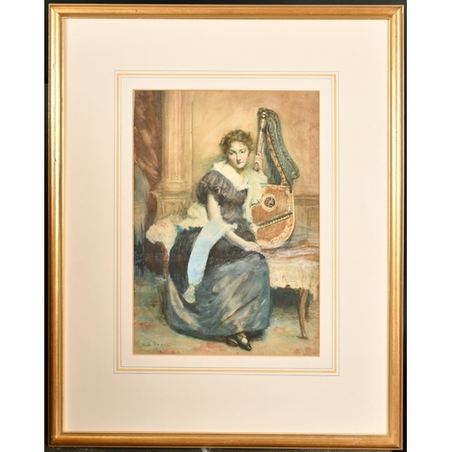 96 - John Ernest Breun (1862-1921) British. A Young Girl with a Harp, Watercolour, Signed, 14