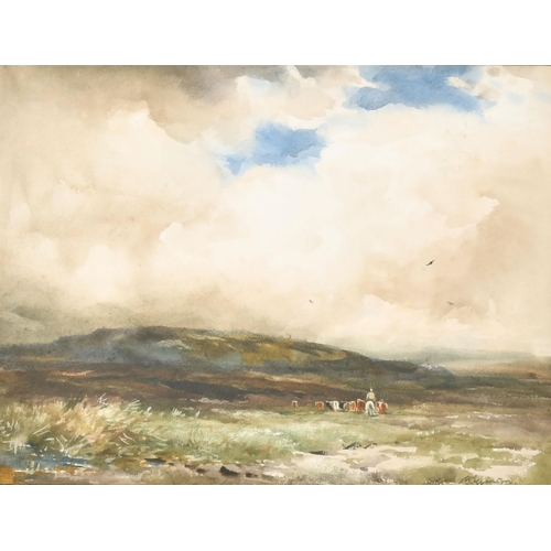 102 - Wycliffe Egginton (1875-1951) British. Cattle and Drover in a Moorland Landscape, Watercolour, Signe... 