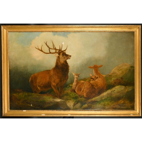 112 - John W Morris (1865-1924) British. Stag and Hinds in a Highland Landscape, Oil on canvas, Indistinct... 