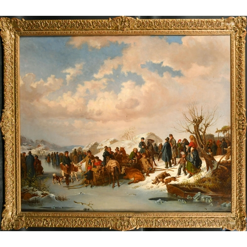 198 - Kilian Zoll (1818-1860) Swedish. 'Villagers Gathering, Winter, 1855', Oil on Canvas, Signed and Date... 