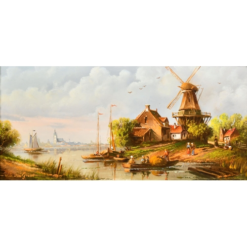 227 - W. E van Groot (1920-?) Hungarian. A Set of Four Dutch Canal Scenes with Figures in Boats, Oil on pa... 