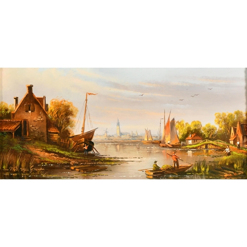 227 - W. E van Groot (1920-?) Hungarian. A Set of Four Dutch Canal Scenes with Figures in Boats, Oil on pa... 