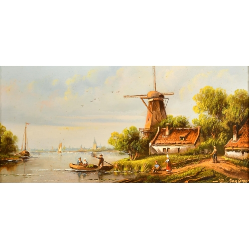 227 - W. E van Groot (1920-?) Hungarian. A Set of Four Dutch Canal Scenes with Figures in Boats, Oil on pa... 