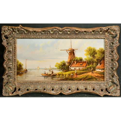 227 - W. E van Groot (1920-?) Hungarian. A Set of Four Dutch Canal Scenes with Figures in Boats, Oil on pa... 