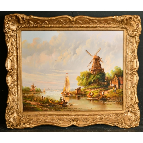 228 - W. E van Groot (1920-?) Hungarian. A Pair of Dutch Canal Scenes with Figures in Boats, Oil on panel,... 