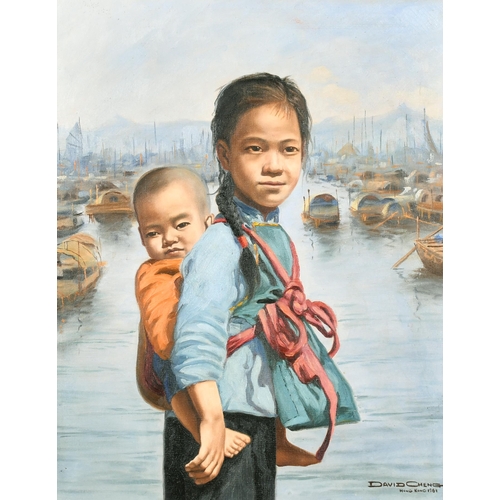 233 - David Cheng (20th-21st Century) Chinese. Children in a Harbour Scene, Oil on Canvas, Signed, Inscrib... 