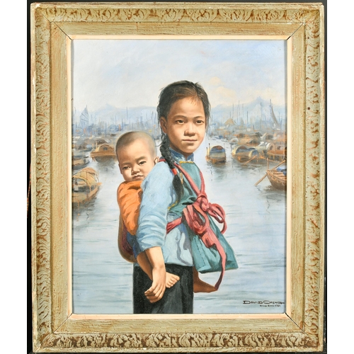 233 - David Cheng (20th-21st Century) Chinese. Children in a Harbour Scene, Oil on Canvas, Signed, Inscrib... 