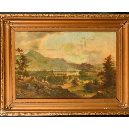 251 - 19th Century American School. Figures in a Mountainous Landscape, Oil on canvas, Inscribed on labels... 