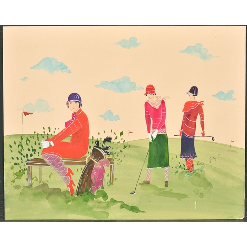 271 - F. Martini (20th Century) European. Ladies Playing Golf, Watercolour, Signed, Unframed 15.75