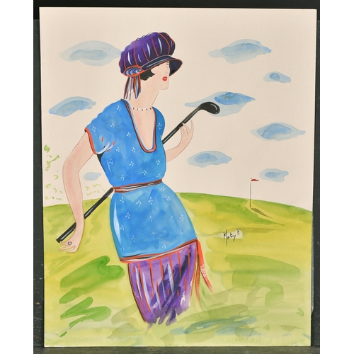 271 - F. Martini (20th Century) European. Ladies Playing Golf, Watercolour, Signed, Unframed 15.75