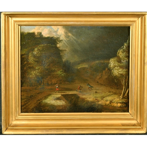 32 - 17th Century Dutch School. Figures in a Windswept Stormy Landscape, Oil on canvas, 11.75