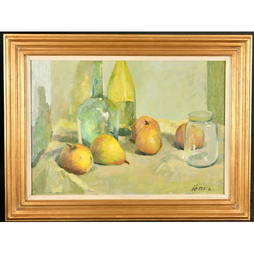 368 - Edward Wesson (1910-1983) British. Still Life of Fruit and Glass Bottles, Oil on board, Signed, 15