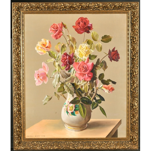 410 - Laurence Levene (20th-21st Century) British. Still Life of Roses in a China Jug, Oil on canvas, Sign... 