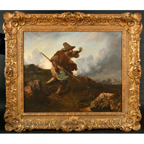 58 - Circle of Gustave Courbet (1819-1877) French. Shepherd in a Storm blowing his Horn, Oil on canvas, i... 