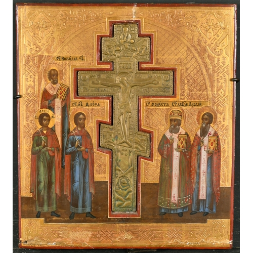 62 - Late 18th Russian School. A Religious Icon, Oil on panel with inset brass crucifix, Unframed 14