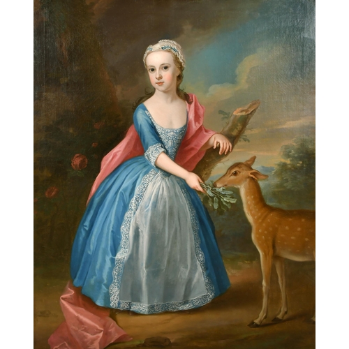 70 - Thomas Gibson (1680-1751) British. Portrait of a Girl Feeding a Deer, Oil on canvas, in a carved gil... 