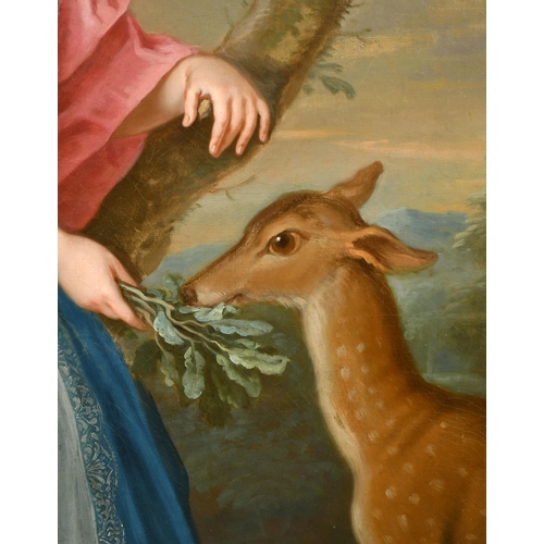 70 - Thomas Gibson (1680-1751) British. Portrait of a Girl Feeding a Deer, Oil on canvas, in a carved gil... 