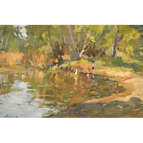 367 - Edward Wesson (1910-1983) British. Children Playing with a Toy Yacht on a Pond, Oil on unstretched c... 