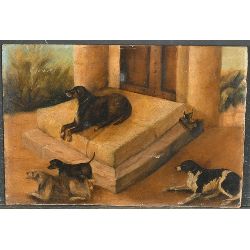 108 - 19th Century English School. A Naive Study of Dogs on a Front Door Step, Oil on board, Unframed 8