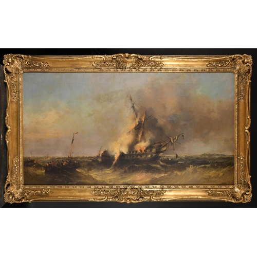 124 - William McAlpine (act.1840-1880) British. A Ship Ablaze, Oil on canvas, Signed with initials, 24