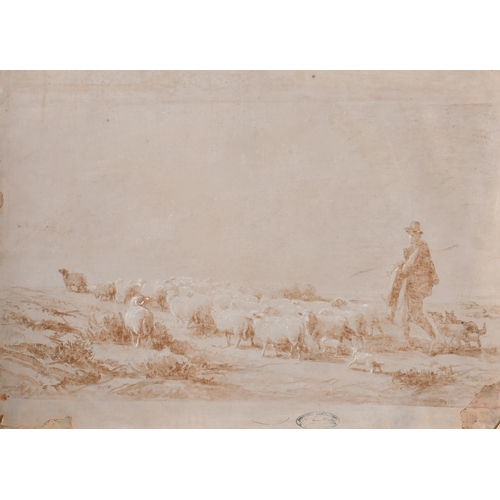 148 - Eugene Joseph Verboeckhoven (1798-1881) Belgian. A Sheep Drover in a Landscape, Ink and wash heighte... 