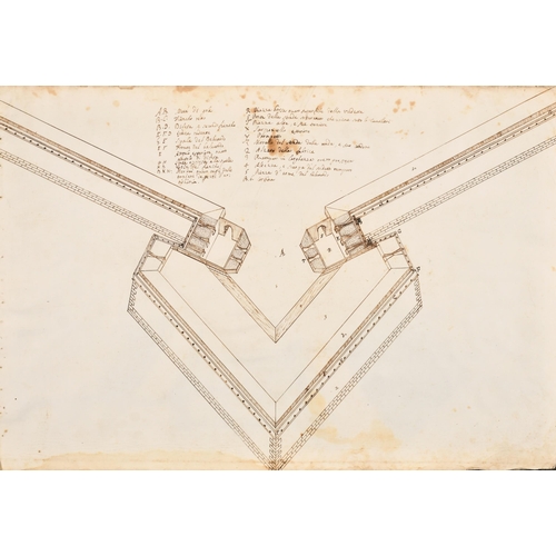 16 - Early 17th Century Italian School. Studies for Renaissance City Fortifications, Ink, Inscribed, 11.7... 