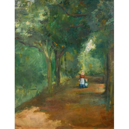 167 - Albert de Belleroche (1864-1944) French/British. A Mother and Child on a Wooded Path, Oil on board, ... 