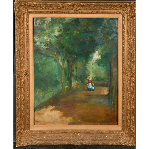 167 - Albert de Belleroche (1864-1944) French/British. A Mother and Child on a Wooded Path, Oil on board, ... 