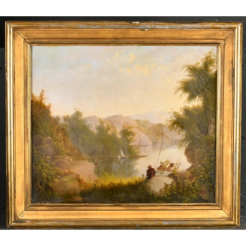 179 - Hudson River School (19th Century) American. A River Landscape with Figures Fishing, Oil on canvas, ... 