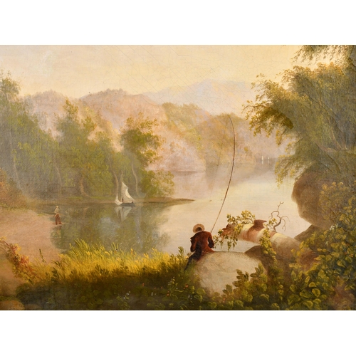 179 - Hudson River School (19th Century) American. A River Landscape with Figures Fishing, Oil on canvas, ... 