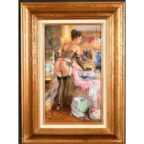 180 - Konstantin Razumov (1974-    ) Russian. A Lady in her Boudoir, Oil on canvas, Signed in Cyrillic, an... 