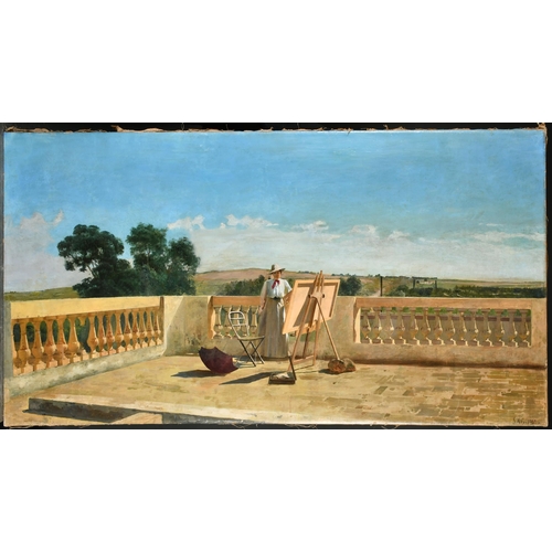 210 - S M G (Early 20th Century) British. A Female Artist on a Terrace, Oil on canvas, Signed with initial... 