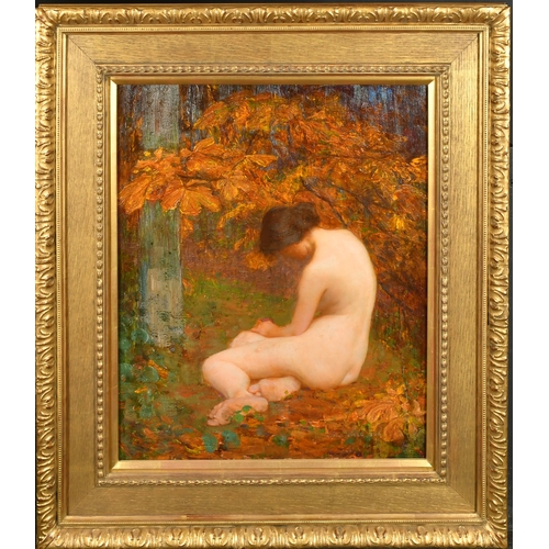 217 - Harold Speed (1872-1957) British. A Seated Nude in a Garden, Oil on canvas, Incised signature and da... 