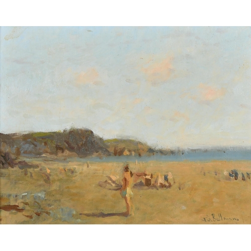 253 - Ken Moroney (1949-2018) British. A Beach Scene with Figures, Oil on panel, Signed JJ Bellman, 7