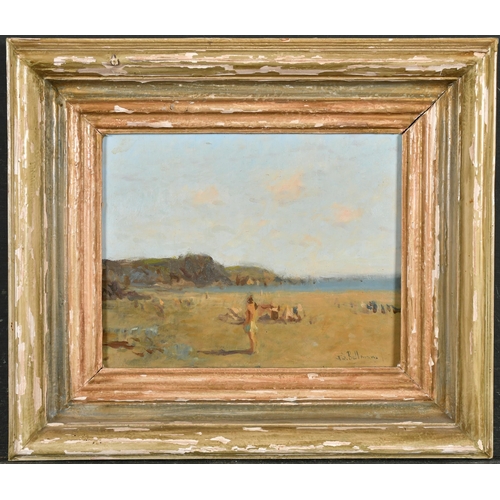 253 - Ken Moroney (1949-2018) British. A Beach Scene with Figures, Oil on panel, Signed JJ Bellman, 7