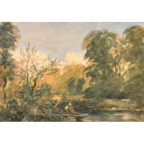 45 - David Cox (1783-1859) British. A River Landscape with a Figure Fishing, Watercolour, Indistinctly si... 