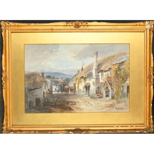 60 - Alfred Leyman (1856-1933) British. A Village Street Scene with Figures in a Carriage, Watercolour, S... 