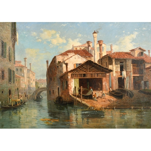 79 - Thomas Pyne (1843-1935) British. A Venetian Canal Scene with Boatbuilders, Oil on canvas, Signed and... 