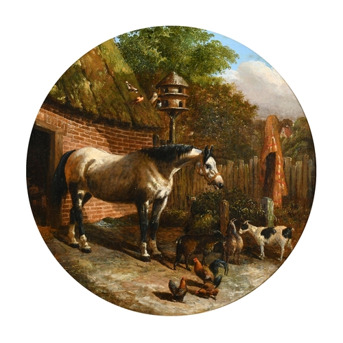 90 - John Frederick Herring Jnr (1815-1907) British. A Horse, Goats and Chickens in a Farmyard, Oil on Ca... 