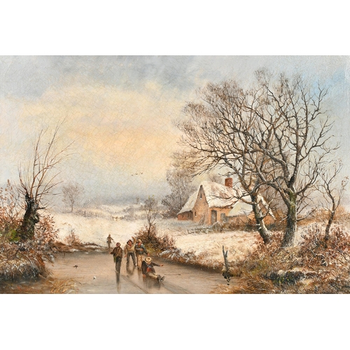 103 - 19th Century English School. A Winter Landscape with Boys playing on a Frozen Pond, Oil on canvas, I... 