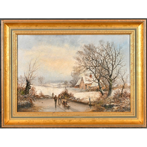 103 - 19th Century English School. A Winter Landscape with Boys playing on a Frozen Pond, Oil on canvas, I... 