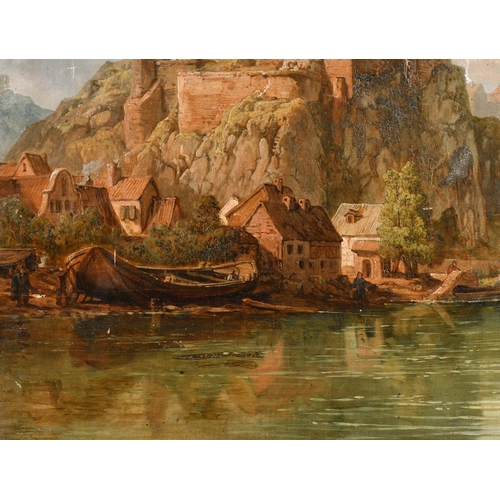 105 - 19th Century English School. Study of a Continental River Scene with Cottages, Oil on canvas laid do... 